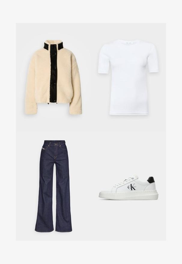 Krémová fleecová bunda s lesklou černou přední částí, vysokým límcem a patenty; má měkkou texturu a zkrácený střih.; Bílý krátký rukáv tričko vyrobené z bavlny. Má kulatý výstřih a hladkou texturu, s minimálním viditelným švem na lemu.; Tmavě modré džíny s širokým střihem vyrobené z denimové tkaniny, s vysokým pasem, oranžovým prošíváním, pěti kapsami a zapínáním na knoflík.; Bílé nízké tenisky s černým patním tabem, platformovou podrážkou, tkaničkami a logem Calvin Klein "CK" na boku.