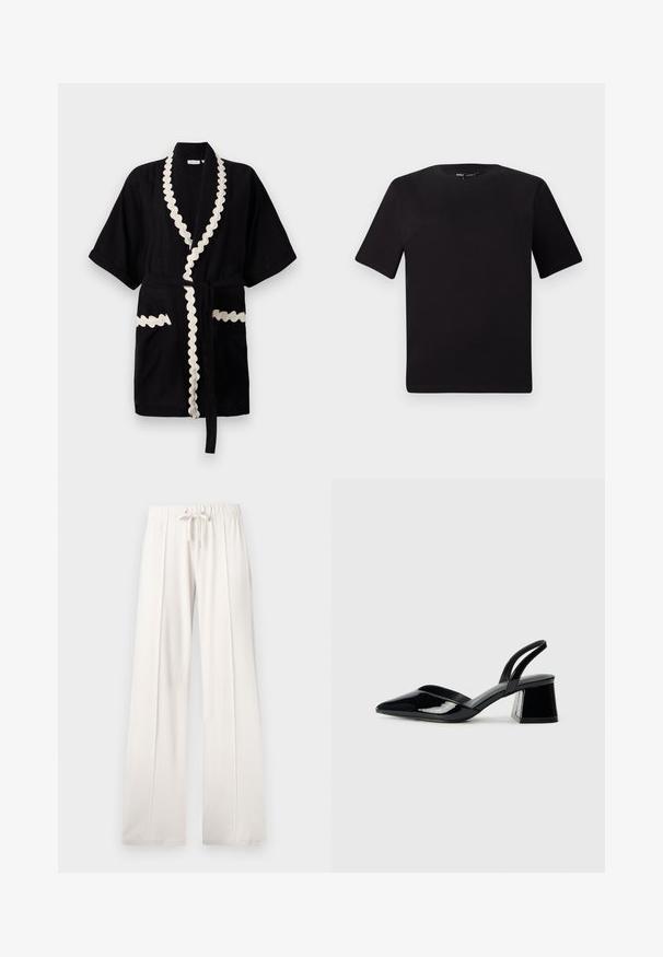 Czarna szata z krótkimi rękawami, z kremowym, falbaniastym wykończeniem wokół kołnierza i kieszeni, z dopasowanym paskiem. Teksturowana tkanina.; Czarna koszulka z krótkim rękawem o okrągłym dekolcie, wykonana z miękkiej bawełny. Prosty design, bez widocznych logo ani wzorów.; Jasno beżowe dresy wykonane z miękkiego materiału, z elastycznym paskiem w pasie, szerokimi nogawkami i pionowymi szwami, o gładkiej teksturze.; Czarne lakierowane półbuty na obcasie z wydłużonym noskiem i geometrycznym słupkiem. Charakteryzują się eleganckim, minimalistycznym designem oraz gładką fakturą.