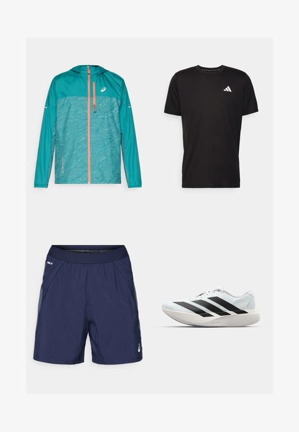 Teal windbreaker jas met een capuchon, voorzien van een textuurpatroon, een oranje rits en reflecterende accenten op de mouwen.; Zwarte katoenen t-shirt met korte mouwen, ronde hals en een wit logo op de linkerkant van de borst. Gladde textuur en eenvoudig ontwerp.; Marineblauwe sport shorts met elastische tailleband, zijzakken en lichtgrijze accenten. Gemaakt van lichtgewicht, glad materiaal voor comfort.; Lichte hardloopschoenen in lichtblauw met zwarte strepen. Beschikt over een soepele bovenkant, ronde neusstuk en dikke witte tussenzool met het label "LIGHTSTRIKE PRO."