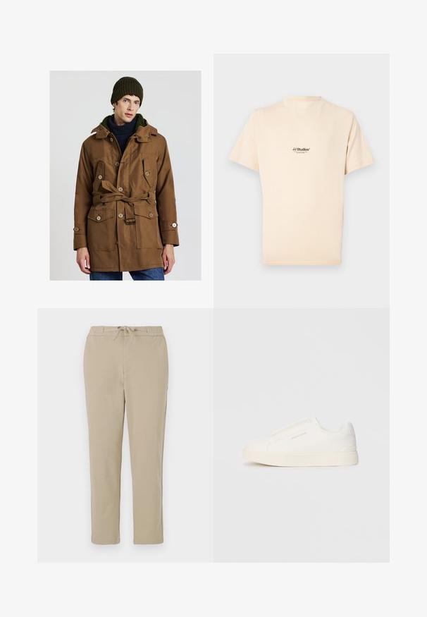 Giacca esterna marrone con vita a cintura, diverse tasche e bottoni a pressione; presenta un colletto foderato in verde e una vestibilità comoda.; Maglietta a maniche corte color crema, realizzata in cotone con scollo a girocollo. Presenta una piccola stampa di un logo nero sul petto.; Pantaloni da lounge beige con vita elastica e cordoncino, caratterizzati da un Design dritto e una texture morbida e liscia.; Sneakers bianchi slip-on con superficie texturizzata, suola spessa e design minimalista. Presentano il logo del marchio sul lato.