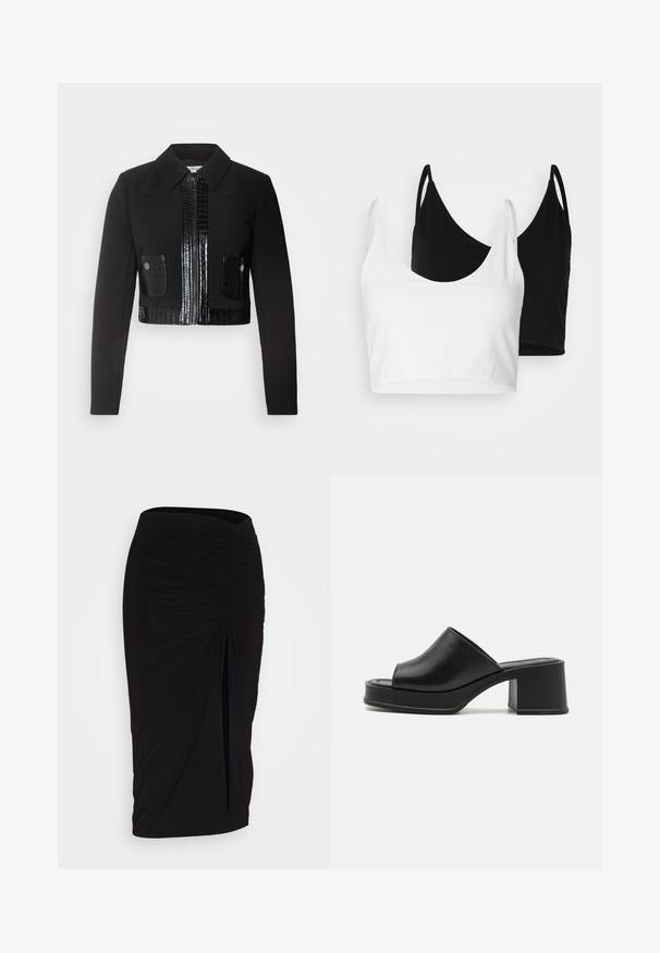 Morgan VARIN - Let jakke / Sommerjakker - noir; To bomulds crop tops i hvid og sort. Hver har en dyb udskæring og tynde skulderstropper, der har en glat, blød tekstur.; Sort, rynket blyantskørt med bindebånd og en sidelæg. Fremstillet af et strækbart stof, der har en glat overflade og en tætsiddende pasform.; Sorte læder platform sandals med rund åben tå, lav blokhæl og glat tekstur. Minimalistisk design med elegante linjer.