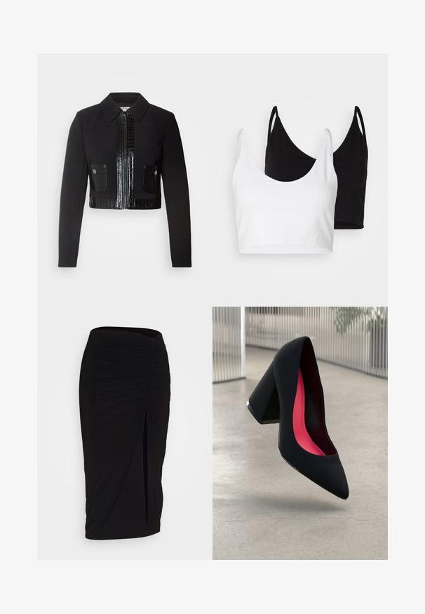 Morgan VARIN - Sommerjakke - noir; To bomulls t-skjorter i hvit og svart. Hver har en dyp utringning og tynne skulderstropper, med en glatt og myk tekstur.; Svart, rynket blyantskjørt med knyting og sidelits. Laget av et elastisk stoff, med en glatt tekstur og en kroppsnær passform.; Svart høye hæler med spiss tå, teksturert overflate og en livlig rosa innside. Har en kraftig hæl med sølvdetaljer.