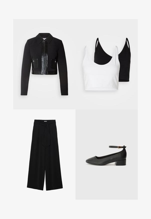 Morgan VARIN czarny; Dwa bawełniane topy w kolorze białym i czarnym. Każdy z nich ma głęboki dekolt i cienkie ramiączka, charakteryzujące się gładką, miękką teksturą.; Czarne spodnie szerokie z teksturowanej tkaniny, z elastycznym paskiem w talii i odpinanym paskiem w talii dla regulowanego dopasowania.; Czarne skórzane szpilki z ostrym noskiem i niskim słupkowym obcasem. Wyposażone w pasek na kostkę z złotym zapięciem. Gładka tekstura.