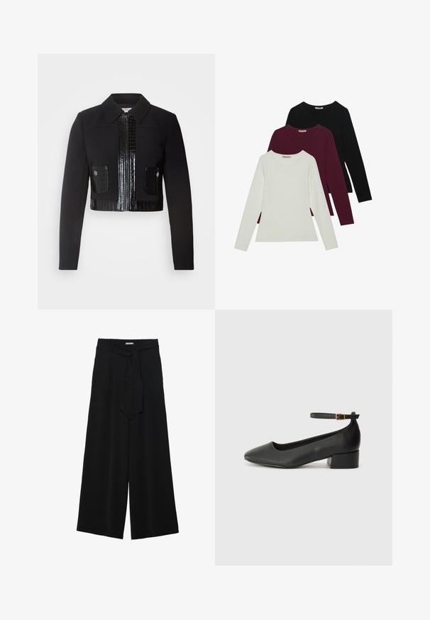 Morgan VARIN - Letná bunda - noir; Dlhé rukávy tričká v bielej, burgundskej a čiernej farbe. Vyrobené z jemného materiálu s okrúhlym výstrihom a priliehavým strihom. Vhodné na vrstvenie.; Čierne široké nohavice s textúrovanou tkaninou, elastickým pásom a odnímateľným viazaním na páse pre nastaviteľné priliehanie.; Čierne kožené lodičky s špicatou špičkou a nízkym blokovým podpätkom. Obsahuje remienok okolo členka so zlatým prackou. Hladký povrch.