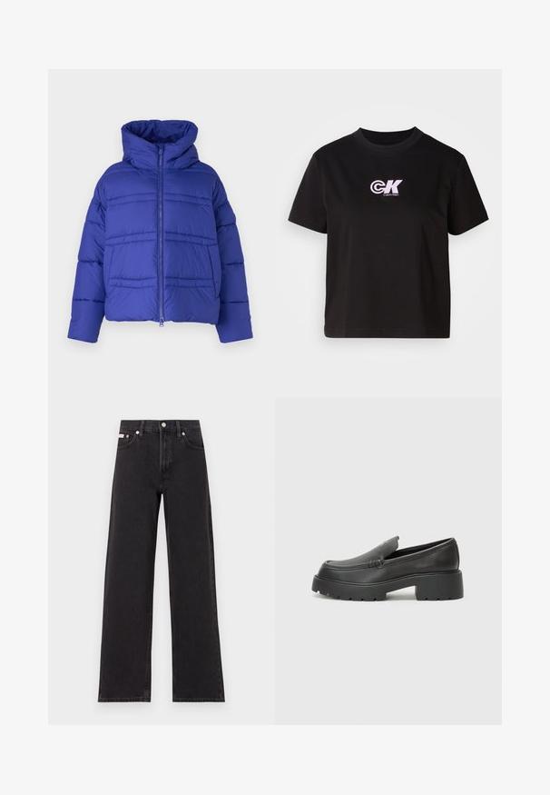 Blue puffer jacket with a hood, featuring quilted stitching and a zip closure. Made from lightweight, insulated material.; Black cotton t-shirt with a round neckline and short sleeves. Features a white and pink "CK" logo on the upper left chest area.; Black wide-leg jeans made of denim, featuring a high-rise waist, five-pocket styling, and a metal button closure with contrasting stitching.; Black leather loafers with a rounded toe, thick textured sole, and minimal stitching details. Sleek design with no visible laces or hardware.