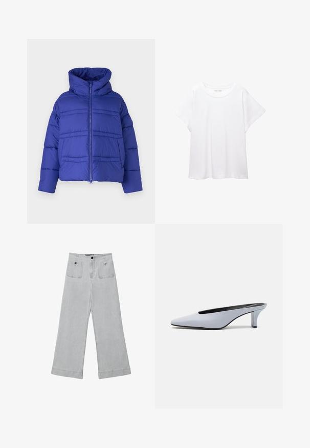 Veste doudoune bleue avec capuche, dotée de coutures matelassées et d'une fermeture éclair. Fabriquée à partir d'un matériau léger et isolant.; T-shirt blanc en tissu doux et léger. Il présente un col rond et des manches courtes et larges avec une coupe décontractée. Aucun motif visible.; Pantalons larges en denim gris clair, dotés de deux poches avant, de fermetures à bouton en métal et d'une finition soignée avec des bords ourlés.; Mule en cuir verni bleu clair avec un orteil pointu, un petit talon transparent et un design épuré mettant en valeur une découpe au cou-de-pied.