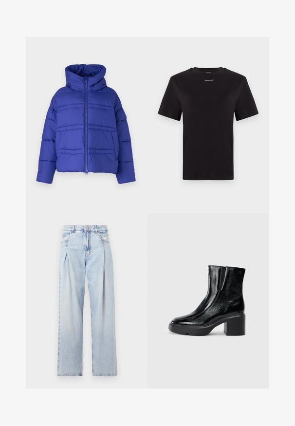 Blue puffer jacket with a hood, featuring quilted stitching and a zip closure. Made from lightweight, insulated material.; Black cotton t-shirt with short sleeves, crew neck, and small white "Calvin Klein" logo at the chest. Smooth texture, classic fit.; Light blue denim jeans with a high waist, wide-leg cut, two side pockets, and pleated design feature. Soft texture with a faded finish.; Black patent leather ankle boots with a curved toe, elastic side panels, and a chunky block heel. Features embossed logo on the back.