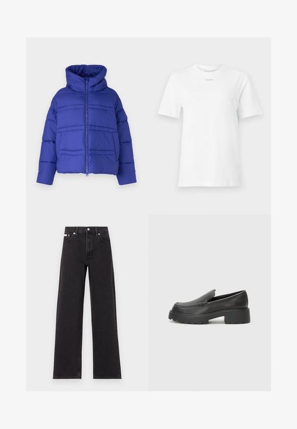 Blaues Puffer-Jacke mit Kapuze, mit gesteppten Nähten und einem Reißverschluss. Hergestellt aus leichtem, isoliertem Material.; Weißes Baumwoll-T-Shirt mit Rundhalsausschnitt, kurzen Ärmeln und einem kleinen schwarzen "Calvin Klein"-Logo auf der Brust. Schlichtes Design, keine Muster.; Schwarze weit geschnittene Jeans aus Denim mit einem hoch sitzenden Bund, fünf Taschen und einem Metallknopfverschluss mit kontrastierendem Nähte.; Schwarze Lederloafer mit einer abgerundeten Spitze, dicker strukturierten Laufsohle und minimalen Nähten. Schlankes Design ohne sichtbare Schnürsenkel oder Beschläge.