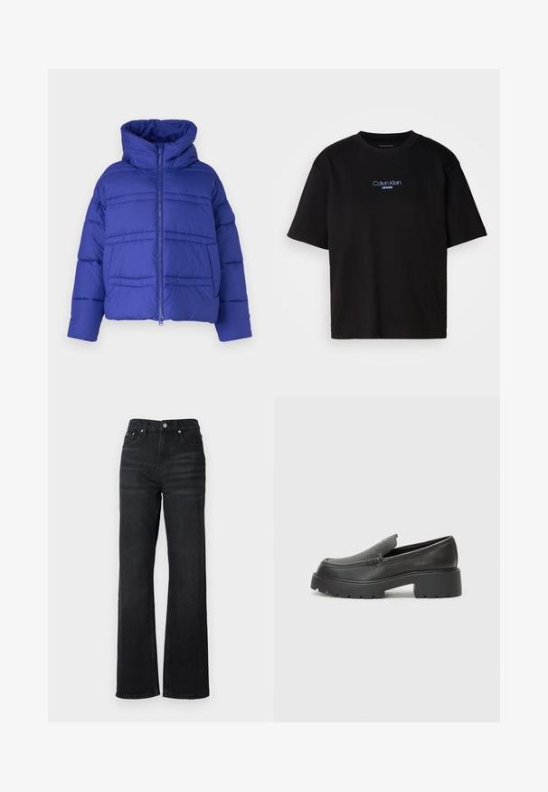 Mėlyna pūkinė striukė su gobtuvu, pasižyminti siuvinėjimu ir užtrauktuku. Pagaminta iš lengvos, šiltos medžiagos.; Juodas medvilnės marškinėliai su apykakle, trumpomis rankovėmis ir mėlynai siuvinėtu "Calvin Klein JEANS" logotipu priekyje.; Juodas denimo plačių kojų džinsai su aukštu liemeniu, penkių kišenių dizainu ir sidabro spalvos metalo sagute. Audinys turi lygų paviršių ir šiek tiek tamprumo.; Juodi odiniai loaferiai su apvaliu pirštu, storu tekstūruotu padu ir minimaliu siūlių dekoru. Išskirtinis dizainas be matomų raištelių ar furnitūros.