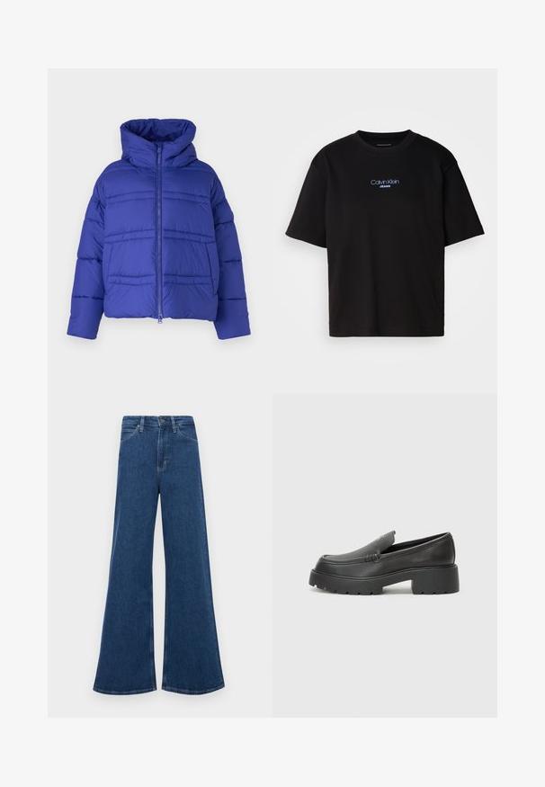 Modrá péřová bunda s kapucí, s prošívaným vzorem a zipovým zapínáním. Vyrobeno z lehkého, izolačního materiálu.; Černé bavlněné tričko s kulatým výstřihem a krátkými rukávy, s modrou vyšitou nášivkou "Calvin Klein JEANS" na přední straně.; Modré zvonové džíny s vysokým pasem, které mají pět kapes, knoflíkovou zapínání a kontrastní švy.; Černé kožené mokasíny s okrouhlou špičkou, silnou strukturovanou podrážkou a minimálními detaily šití. Elegantní design bez viditelných tkaniček nebo kovových prvků.