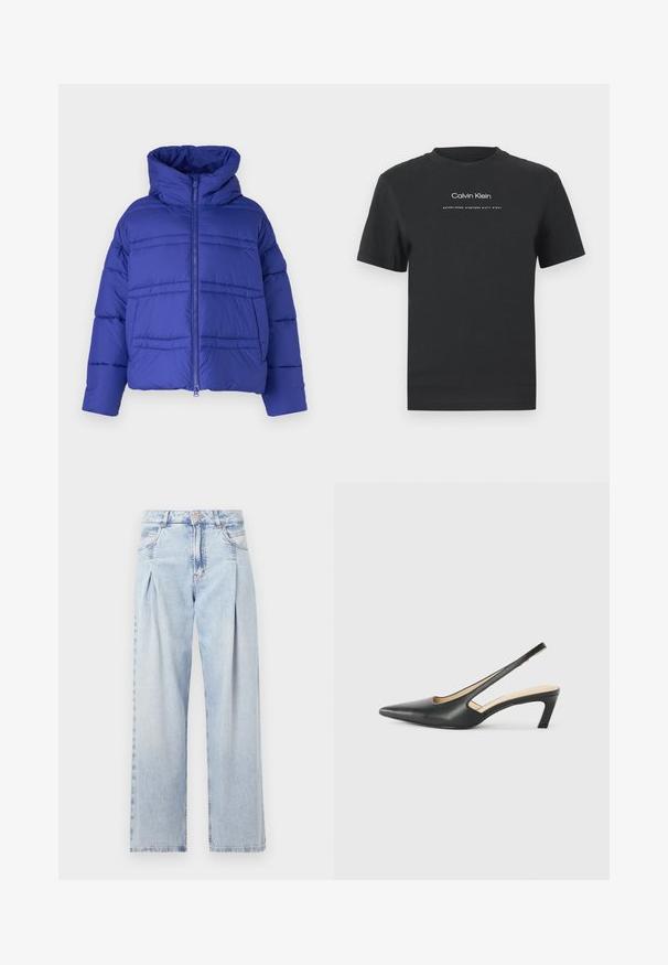 Veste doudoune bleue avec capuche, dotée de coutures matelassées et d'une fermeture éclair. Fabriquée à partir d'un matériau léger et isolant.; T-shirt en coton noir avec un col rond, des manches courtes, et un logo "Calvin Klein" imprimé en blanc ainsi que le texte "Established 1968".; Jeans en denim bleu clair avec taille haute, coupe large, deux poches latérales et design plissé. Texture douce avec une finition décolorée.; Slingback noir à bout pointu avec un petit talon, en cuir lisse et doté d'un design découpé sur le côté pour plus de respirabilité.