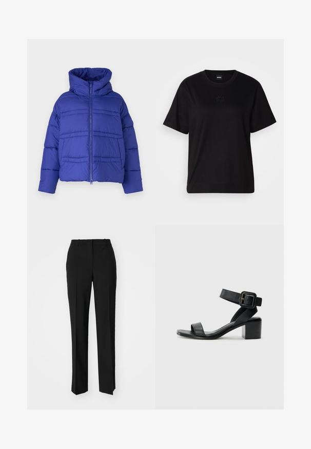 Blaues Puffer-Jacke mit Kapuze, mit gesteppten Nähten und einem Reißverschluss. Hergestellt aus leichtem, isoliertem Material.; Schwarzes Baumwoll-T-Shirt mit Rundhalsausschnitt, kurzen Ärmeln und aufgesticktem Logo auf der Brust. Einfacher, lässiger Schnitt ohne Muster.; Schwarze, taillierte Hose mit geradem Bein, aus einem glatten Stoff und mit klaren Falten an der Vorderseite. Keine sichtbare Hardware.; Schwarze Leder-High-Heel-Sandale mit verstellbarem Knöchelriemen, offenem Zehendesign und quadratischem Blockabsatz. Glatte Textur, minimalistischer Stil.