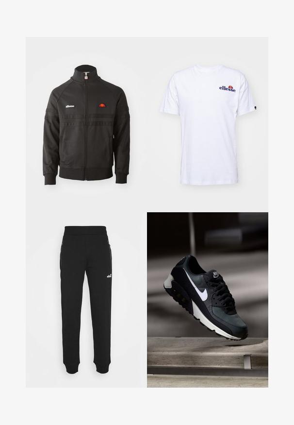 Svart zip-up idrettsjakke med høy krage, ribbede ermer og små ellesse-logoer på brystet og glidelåsen.; Hvit bomulls T-skjorte med korte ermer, med en marineblå brodert logo på venstre bryst og en livlig farge aksent over logoen.; Svarte joggebukser laget av mykt stoff har en innskrenket bendesign, elastisk midje, sidelommer med glidelås og en liten logoak accent.; Svart og grønn sneakers med et mønstret mesh-overdel, hvit swoosh-logo, polstret krage og en synlig luftdemping i sålen.