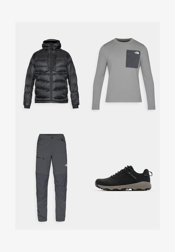 Svart puffjacka med huva, med en framdragkedja, två bröstfickor och elastiska ärmslut. Materialet är glänsande med ett kviltat mönster.; Långärmad grå skjorta i texturerad tyg, med en mörkgrå bröstficka och dragkedjestängning. Logotyp på fickan i vitt.; Grå utomhusbyxor med en jämn yta, försedda med en ficka med dragkedja på sidan, förstärkta knäsektioner och en diskret logodetalj.; Svart vandringsskor med en slät överdel, perforerat mönster, grå sula och förstärkt häl. Har snörning och en dragflik för enkel påtagning.