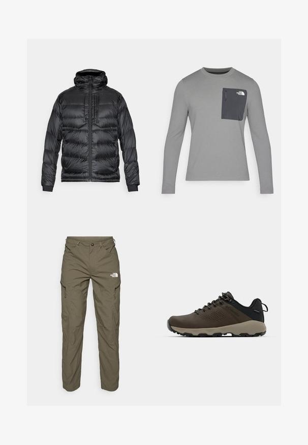 Čierna prešívaná bunda s kapucňou, so zapínaním na zips vpredu, dvoma náprsnými vreckami a elastickými manžetami. Materiál je lesklý s prešívaným vzorom.; Dlhý rukáv šedá košeľa s textúrovanou tkaninou, s tmavošedou náprsní kapsou a zipsom. Logo na kapse v bielej farbe.; Zelenohnedé vonkajšie nohavice vyrobené z ľahkej tkaniny, s cargo vreckami, zipsovými akcentmi a logom na hornej strane stehna.; Hnedé vodoodolné tenisky s textúrovaným zvrškom, perforovanými detailmi, čiernou oporou päty a šedou gumovou podrážkou. Šnúrky sú ozdobené kovovými koncami.