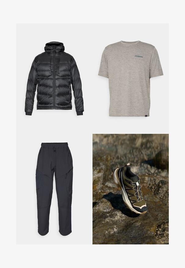 Crna puf jakna s kapuljačom, koja ima prednji zip, dva džepa na prsima i elastične manžete. Materijal je sjajan i ima kvadratičasti dizajn.; Siva majica kratkih rukava izrađena od mekane, teksturirane tkanine s malim plavim Patagonia logotipom na lijevoj strani prsiju. Bez dodatnih uzoraka.; Crne cargo hlače izrađene od laganog, vodootpornog materijala; imaju elastičnu utakmicu u struku, više munje na džepovima i sužene nogavice.; Planinarska obuća u maslinasto zelenoj i crnoj boji s ružičastim akcentima. Ima teksturirani gornji dio, fleksibilnu podlogu, ojačan vrh i šareni sustav vezanja.