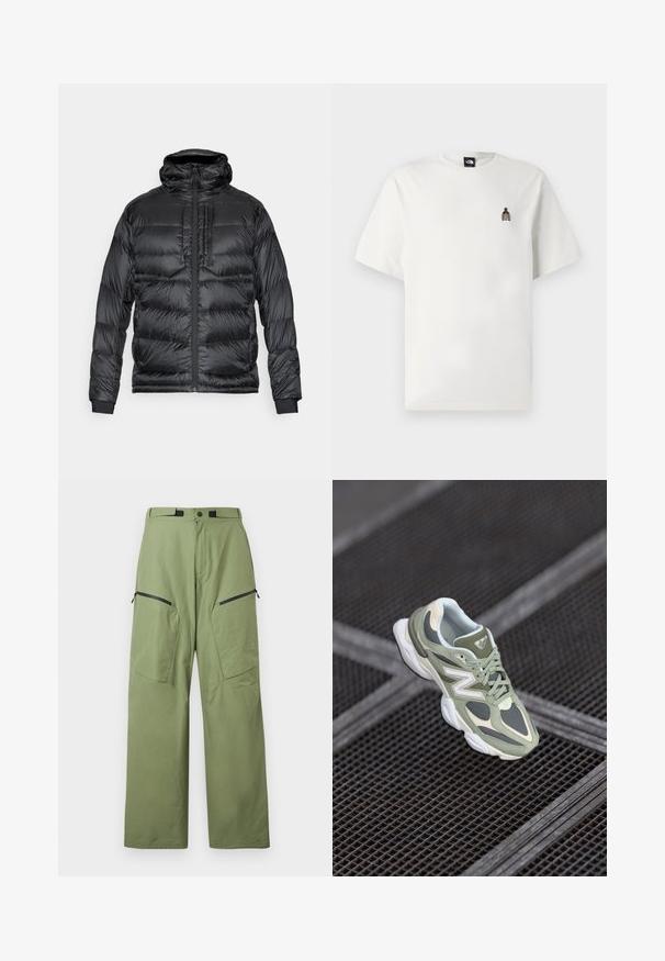 Zwarte pufferjack met een capuchon, voorzien van een ritssluiting aan de voorkant, twee borstzakken en elastische manchetten. Het materiaal is glanzend met een doorgestikt ontwerp.; Witte katoenen t-shirt met een klein, geborduurd grafisch ontwerp van een fles op de linkerborst. Klassieke ronde hals en korte mouwen.; Groene outdoorbroeken van lichtgewicht stof, met een hoge taille, twee ritszakken aan de voorkant en logo-opdruk op de dij.; Groene en beige hardloopschoenen van mesh en synthetische materialen, met een afgeronde vorm, textuuraccenten en een prominent logo aan de zijkant.