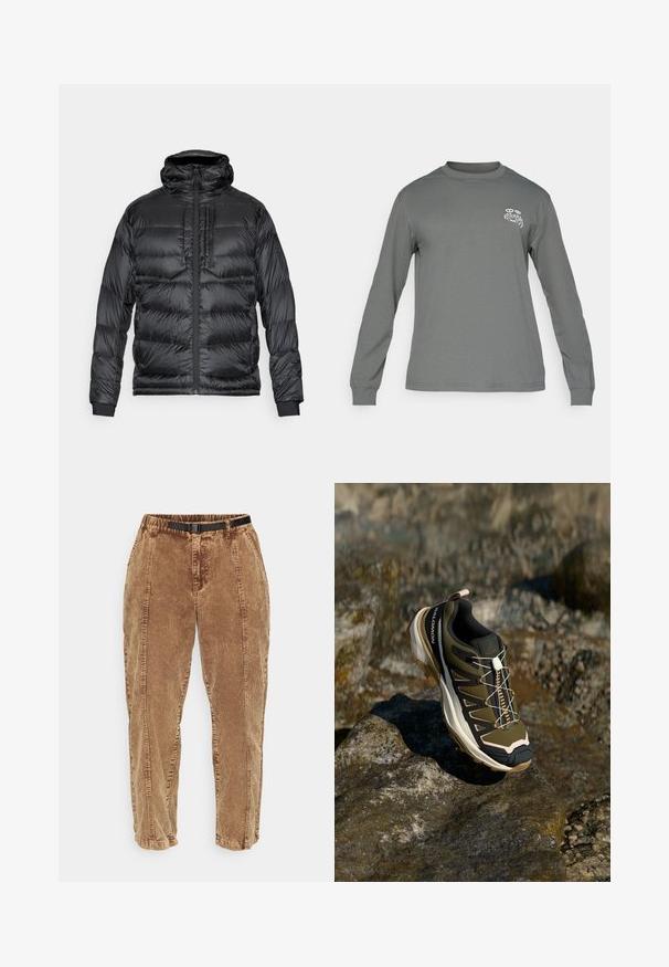 Czarna kurtka puchowa z kapturem, z zamkiem błyskawicznym z przodu, dwiema kieszeniami na piersi i elastycznymi mankietami. Materiał jest błyszczący z pikowaną strukturą.; Koszula z długim rękawem w szarym kolorze, z okrągłym dekoltem i białym logo graficznym na lewej piersi. Gładka tekstura i prosty design.; Brązowe spodnie kordowe z teksturowaną powierzchnią, wyposażone w czarny regulowany pasek, boczne kieszenie i luźny krój. Spodnie zwężają się w kierunku kostek.; Buty trekkingowe w oliwkowym zielonym i czarnym kolorze z różowymi akcentami. Posiadają teksturowaną górę, elastyczną podeszwę, wzmocniony czubek oraz kolorowy system sznurowania.