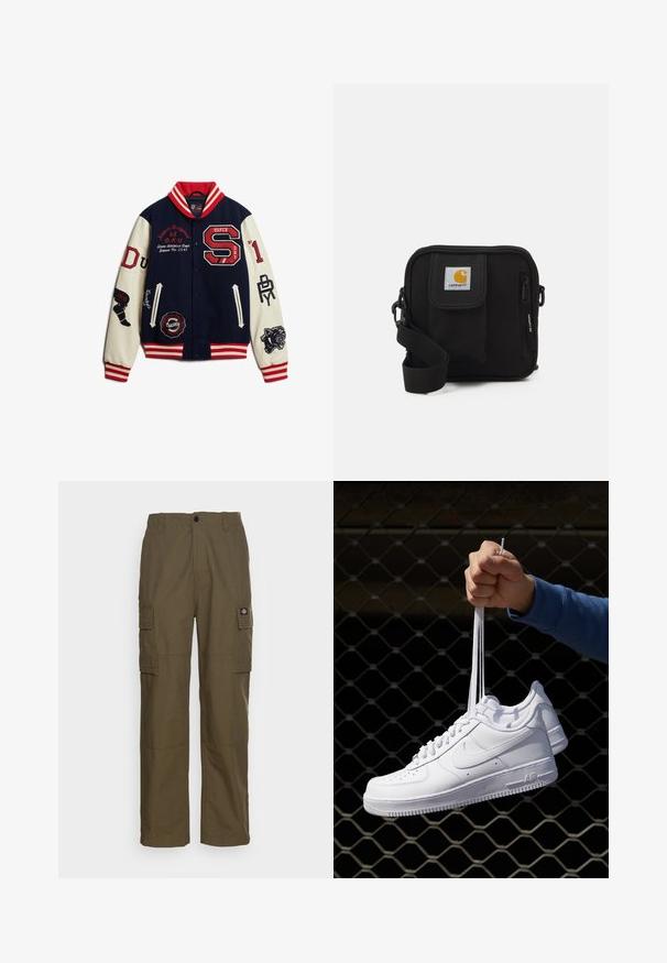 Marineblå og creme varsity-jakke med røde accenter, broderede logoer, stribede ribbede krave og manchetter, trykknapper og forskellige lapper.; Hvid kortærmet t-shirt lavet af bomuld, med rund hals og en glat tekstur, lige snit uden mønstre.; Cargo bukser i olivengrøn, lavet af slidstærkt stof. Har to sidelommer, en standard talje og en lige ben design.; Hvide lædersneakers med perforeringer, rund tå, flad sål og tykke snørebånd, med et synligt swoosh-logo og "AIR" på hælen.; Sort crossbody taske med et lynlåset hovedrum, frontlomme, justerbar strop og et synligt logo patch på klappen.