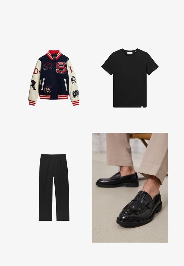 Marineblå og creme varsity-jakke med røde accenter, broderede logoer, stribede ribbede krave og manchetter, trykknapper og forskellige lapper.; Sort kortærmet T-shirt lavet af bomuld, med rund hals og et lille logo broderet på brystet. Glat tekstur, standard pasform.; Sorte bukser med lige ben, lavet af et glat stof. Har frontfolder og en enkelt knaplukning i taljen.; Sorte lædermokkasiner med en glat overflade, der har en dekorativ rem og kontraststing, parret med beige bukser.