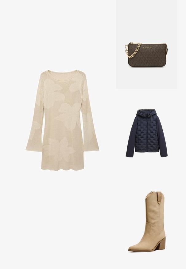 Granatowa, ocieplana kurtka z pikowanym przodem, gładkimi długimi rękawami, kapturem z troczkami oraz zamkiem błyskawicznym z przodu.; Beżowy sweter dzianinowy z długimi rękawami i okrągłym dekoltem, z dużymi wzorami liści i siateczkową fakturą. Udekorowany dzwonowymi rękawami.; Bershka - Kowbojki i obuwie motocyklowe; Brązowa skórzana torebka na ramię z wzorem logo, złotym łańcuszkiem na pasku, zapięciem na zamek błyskawiczny oraz złotymi akcentami. Kompaktowy i prostokątny kształt.
