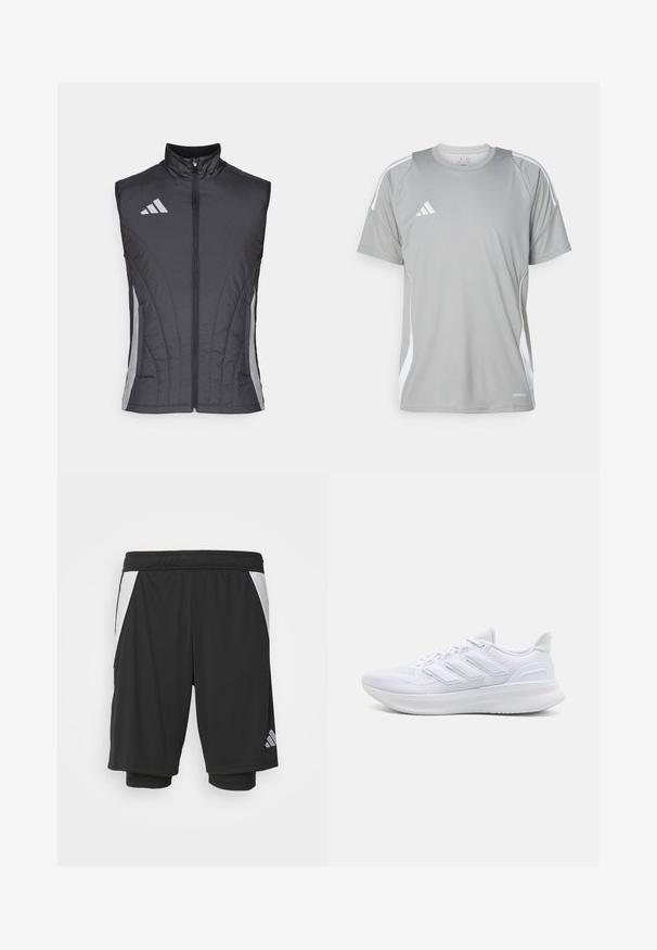 Gilet nero senza maniche realizzato in un materiale leggero e trapuntato. Presenta un colletto alto e strisce grigie diagonali lungo i lati.; T-shirt atletico grigio chiaro a maniche corte, con dettagli bianchi e logo Adidas sul lato sinistro del petto. Realizzato in materiale traspirante.; Shorts sportivi neri in un tessuto leggero, con pannelli laterali bianchi, vita elastica e un dettaglio riflettente del logo in basso a sinistra.; Scarpe sportive bianche con tomaia in mesh texturato, suola ammortizzata e supportiva, e design a tre strisce sul lato.