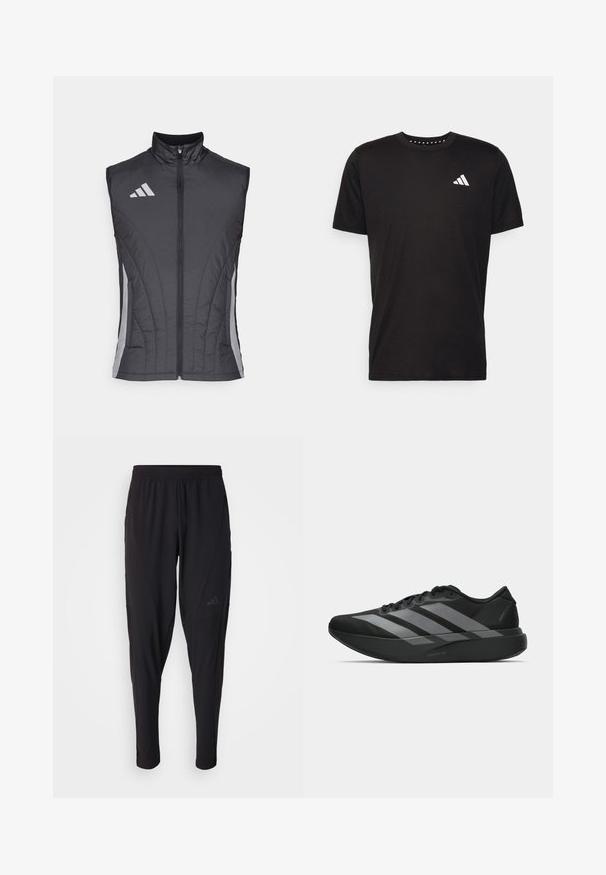 Black sleeveless vest made of a quilted, lightweight material. Features a high collar and diagonal grey stripes along the sides.; Black cotton t-shirt with short sleeves, crew neckline, and a white logo on the left chest. Smooth texture and simple design.; Black athletic pants with an elastic waistband, tapered design, side pockets, and subtle logo detail. Made from flexible, breathable fabric.; Black athletic shoes with a lightweight design, featuring three prominent gray stripes, a smooth texture, and a contoured sole.