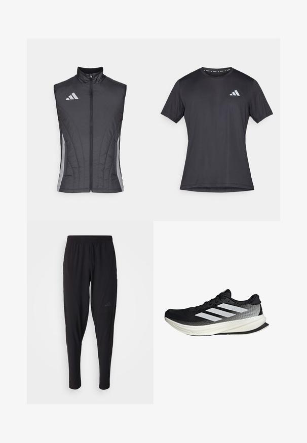 Gilet nero senza maniche realizzato in un materiale leggero e trapuntato. Presenta un colletto alto e strisce grigie diagonali lungo i lati.; Maglietta sportiva nera, maniche corte, scollo tondo, realizzata in tessuto leggero. Presenta un logo Adidas riflettente sul davanti.; Pantaloni sportivi neri con vita elastica, design affusolato, tasche laterali e dettagli logo discreti. Realizzati in tessuto flessibile e traspirante.; Scarpa sportiva nera con design in rete, caratterizzata da strisce bianche, punta arrotondata e suola testurizzata per aderenza e supporto.