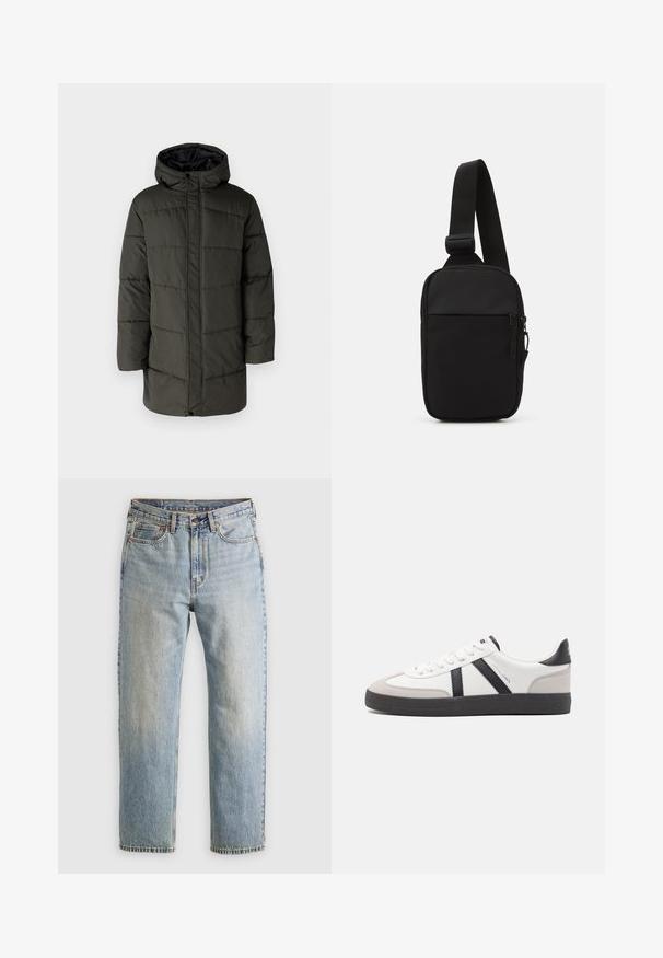 Olive-green padded coat with a hood, zip closure, and vertical stitch detailing. Features side pockets and a mid-length design.; Brown knitted pullover with a polo collar, three buttons at the neck, and long sleeves. Soft texture, ribbed cuffs, and hem.; Light blue denim jeans with high waist, front button, zipper, and five-pocket design, laid flat on a neutral background.; White sneaker with black and gray accents, featuring a textured gray toe cap, black rubber sole, and flat white laces. Clean design, minimalist style.; Black crossbody bag made of durable fabric, featuring a single adjustable strap, a zippered main compartment, and a front pocket.