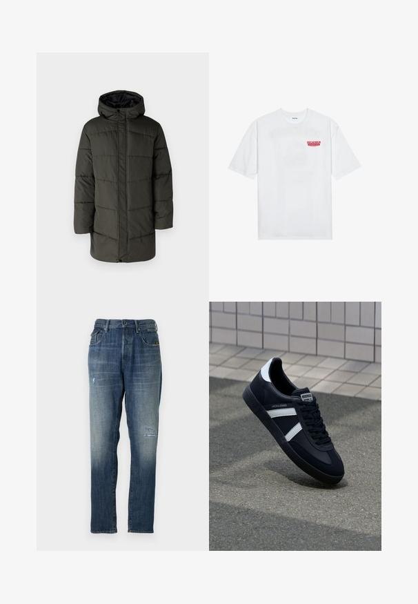 Abrigo acolchado verde olivo con capucha, cierre de cremallera y detalles de costura vertical. Presenta bolsillos laterales y un diseño de longitud media.; Camiseta de algodón blanca con mangas cortas, cuello redondo y un texto gráfico rojo que dice "FRUTA DELICIOSA Y REFRESCANTE" en la parte frontal.; Jeans de mezclilla en un color azul deslavado, con un diseño de pierna recta, un desgaste moderado en la parte delantera y un estilo clásico de cinco bolsillos.; Zapatilla de cuero negra con rayas blancas, suela de goma texturizada y parte frontal con cordones. Cuenta con una etiqueta de marca en la lengüeta.