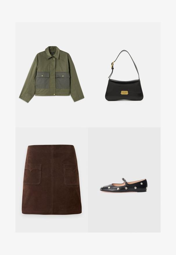 Veste olive en coton avec col, fermeture à boutons et deux grandes poches avant avec rabats.; Pull à col roulé beige avec col et poignets côtelés. Texture douce et coupe décontractée. Longueur standard avec un design minimaliste.; Jupe en suède marron présentant une silhouette A-line classique, deux poches avant avec des rabats arrondis et des détails de couture discrets.; Chaussure plate en cuir noir type Mary Jane avec un bout arrondi, ornée de clous ronds en argent et dotée d'une sangle réglable avec une boucle.; Sac à main en cuir noir avec un design courbé, accent de plaque logo dorée et une fine bandoulière. Texture lisse avec une finition élégante.