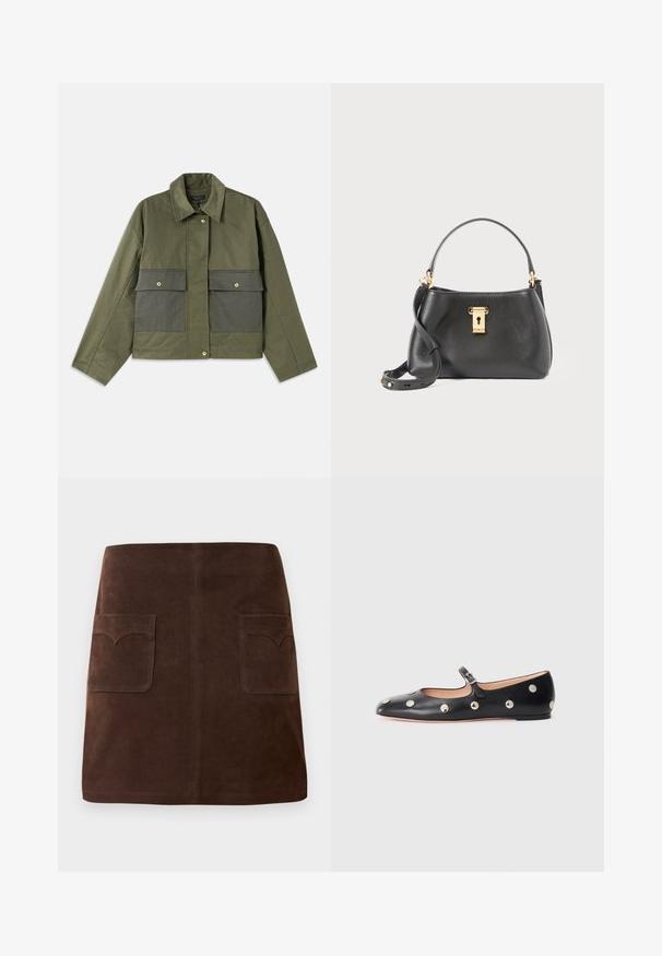 Olive green jacket made of cotton with a collared neck, button front, and two large front pockets featuring flap closures.; Cream cable-knit sweater with a collared neckline, four button placket, ribbed cuffs, and a small logo patch at the hem.; Brown suede skirt featuring a classic A-line shape, two front pockets with rounded flaps, and subtle stitching details.; Black leather Mary Jane flat shoe with a rounded toe, featuring silver circular studs and an adjustable strap with a buckle.; Black leather handbag with a textured finish, featuring a gold lock closure, short handle, and a detachable shoulder strap.