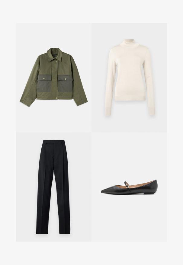 Giacca verde oliva in cotone con colletto, chiusura a bottoni e due grandi tasche frontali con patta.; Maglione a collo alto color crema realizzato in morbido tessuto a maglia, con maniche lunghe e dettagli a coste al collo e ai polsini.; Pantaloni neri realizzati in tessuto morbido, caratterizzati da vita alta, gambe larghe, pince frontali e classiche passanti per cintura. Non ci sono tasche laterali visibili.; Ballerine in pelle nera con punta affusolata e una cinturino laterale con un accento circolare dorato. Leggere e con suola piatta.