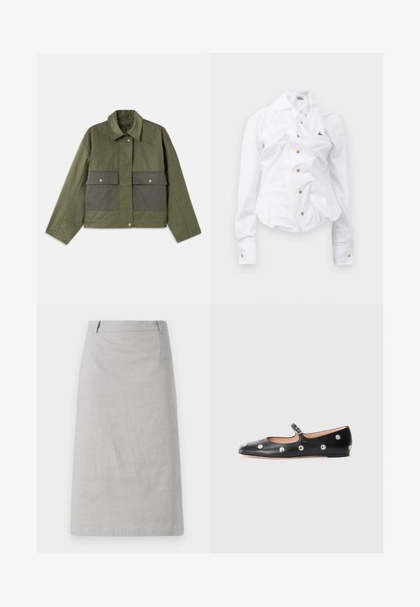 Olive green jacket made of cotton with a collared neck, button front, and two large front pockets featuring flap closures.; White long-sleeve shirt with a fitted design. Features a large collar, front button closure with brown buttons, and a small embroidered logo.; Gray pencil skirt with a smooth texture, fitted shape, and a flat waistband, featuring side seams and no visible patterns or accents.; Black leather Mary Jane flat shoe with a rounded toe, featuring silver circular studs and an adjustable strap with a buckle.