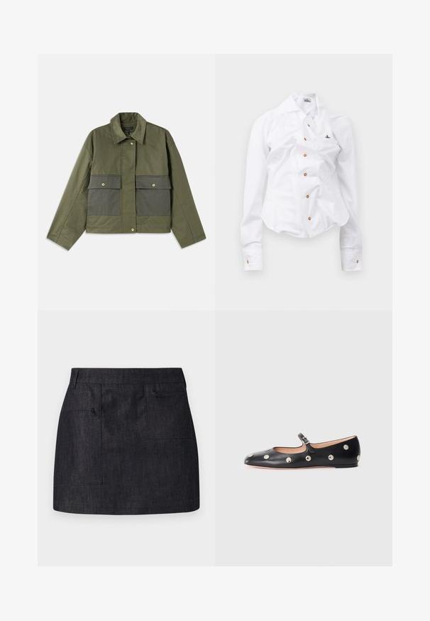 Olijfgroene jas gemaakt van katoen met een kraag, knopen aan de voorkant en twee grote voorzakken met kleppen.; Witte longsleeve shirt met een getailleerd ontwerp. Voorzien van een grote kraag, sluiting met knopen aan de voorkant met bruine knopen en een klein geborduurd logo.; Donkerdenim rok met een rechte snit, voorzien van twee voorkwasten en een subtiele textuur. Schoon zoom en een standaard taillebandontwerp.; Zwarte leren Mary Jane ballerina met een ronde neus, voorzien van zilveren ronde studs en een verstelbaar bandje met een gesp.
