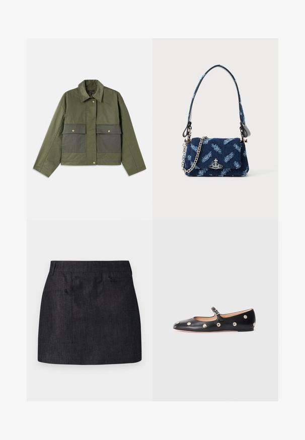 Oliven Grøn Jakke lavet af bomuld med krave, knaplukning foran og to store forlommer med klaplukninger.; Hvid langærmet skjorte med en tætsiddende design. Har en stor krave, frontlukning med brune knapper og et lille broderet logo.; Mørk denimnederdel med lige snit, der har to forlommer og en subtil tekstur. Ren kant og standard taljedesign.; Sorte læder Mary Jane flad sko med en rund tå, udstyret med sølvfarvede runde nitter og en justerbar rem med spænde.; Mørkeblå stof håndtaske med en struktureret design, sølv hardware og en aftagelig kædetras. Har en klaplukning og et logo accent.; Sølvøreringe med en cirkulær ring, prydet med funklende sten og en dråbeperle som vedhæng. Distinkt design med indviklede detaljer.