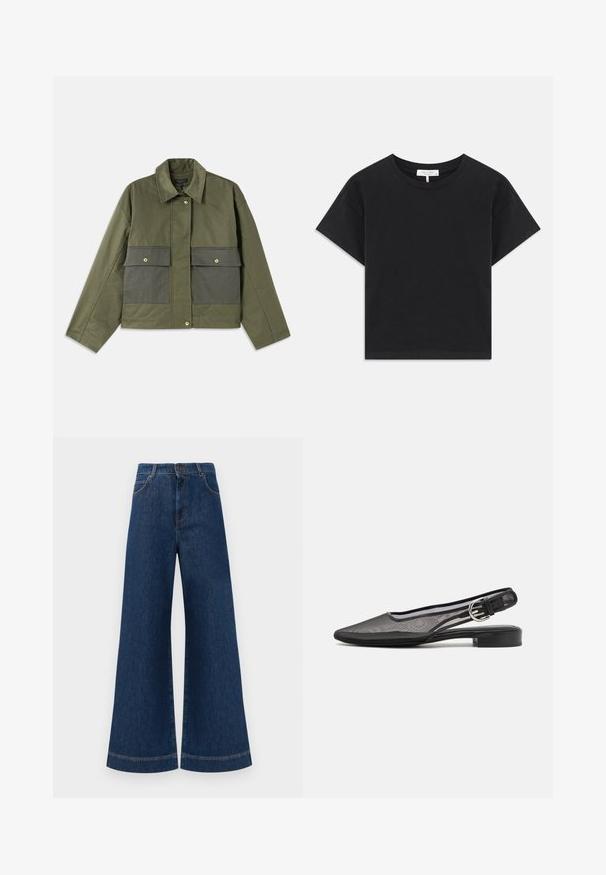 Oliiviroheline puuvillane jakk, millel on kaelus, nööbid ees ja kaks suurt esist taskut klapiga.; Must must, mis mustest valmistatud T-särk, millel on ümar kaelus, lühikesed varrukad ja lihtne disain ilma mustrite või kaunistusteta.; Laia siniste denim pükste suur jalg, kõrge vöökoht, nupuga kinnitamine, vöökohad ja peened õmblusdetailid taskute ja äärte ääres.; rag & bone ASTRA SLINGBACK - Kannarihmaga baleriinad - black