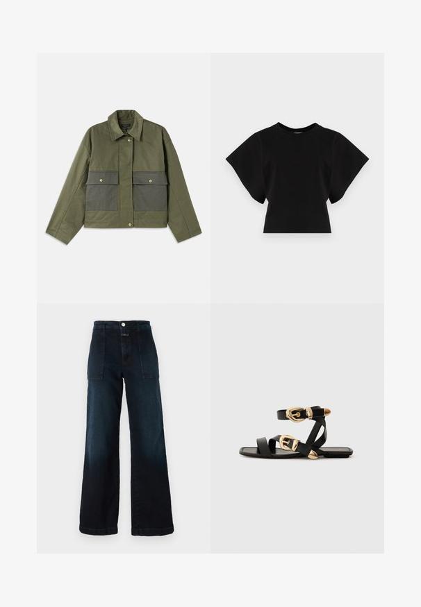 Olive green jacket made of cotton with a collared neck, button front, and two large front pockets featuring flap closures.; Black cropped t-shirt made of cotton, featuring short, wide sleeves and a round neckline with a smooth texture and minimalist design.; Dark blue wide-leg jeans made of denim, featuring a high waist, front pockets, and a front button closure. Smooth texture with a slight fade.; Black leather sandals with gold buckle accents, featuring multiple straps and a flat sole design for open-toe wear.