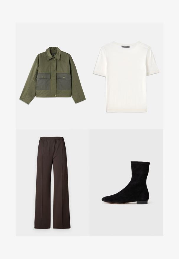 Giacca verde oliva in cotone con colletto, chiusura a bottoni e due grandi tasche frontali con patta.; Top corto a maniche corte di colore bianco, in maglia, con scollatura rotonda. Presenta una texture liscia e accenti a coste sottili sulle maniche e sull'orlo.; Pantaloni a gamba larga in tessuto marrone scuro con vita elastica, caratterizzati da una superficie liscia e linee pulite per un look elegante.; Stivale alla caviglia in suede nero con gambale aderente, punta affusolata e tacco a blocco basso. Texture liscia e design minimalista, adatto per uno stile versatile.
