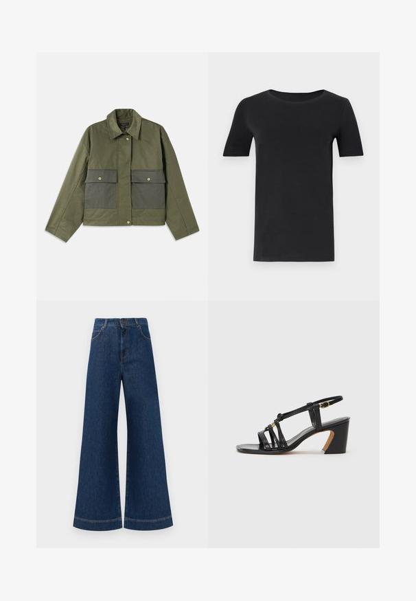 Olívazöld, galléros pamutdzseki, gombos elülső résszel és két nagy elülső zsebbel, amelyeknek fedélzárása van.; Fekete, rövid ujjú póló, puha pamutból készült, kerek nyakkivágással és klasszikus szabással. Sima textúra, minta vagy díszítés nélkül.; Magas derekú, széles lábú kék farmernadrág, gombos záródással, övhurkokkal és diszkrét varrási részletekkel a zsebeknél és a szegélyeknél.; Paul Smith AMIRA - Klasszikus sarkú cipők - black