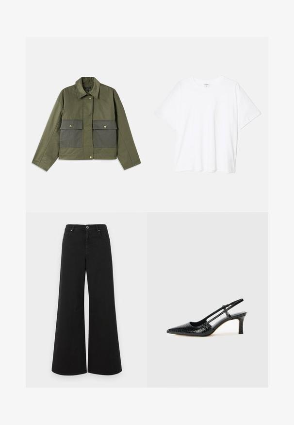 Olive green jacket made of cotton with a collared neck, button front, and two large front pockets featuring flap closures.; White cotton t-shirt with short sleeves, round neckline, relaxed fit, and stitched hem. Label visible on the inside neck.; Black wide-leg jeans made from denim, featuring a high waist, five pockets, button closure, and clean finish without embellishments.; Black patent slingback heel with a pointed toe, featuring textured snake print, adjustable strap, and a short, textured block heel.