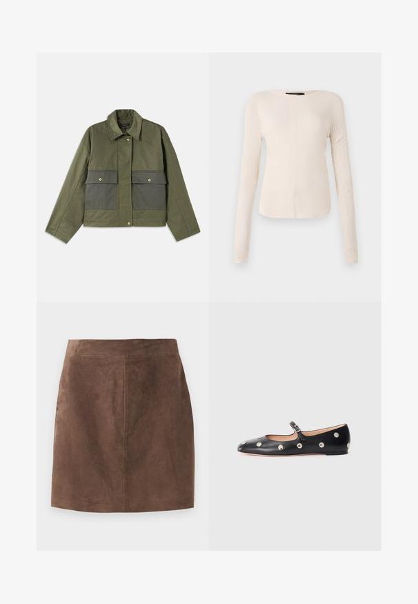 Olivově zelená bunda z bavlny s límcem, knoflíkovým zapínáním a dvěma velkými předními kapsami se zapínáním na klopy.; Dlouhý rukáv, světle béžový top s kulatým výstřihem. Vyrobeno z jemné látky, má středový šev a mírně zaoblený lem. Bez viditelné kovové úpravy.; Hnědá sukně z semiše s hladkým texturem, ve tvaru A a s jednoduchým pasem. Šití probíhá vertikálně po zadní straně.; Černé kožené baleríny typu Mary Jane s kulatou špičkou, zdobené stříbrnými kulatými nýty a nastavovacími popruhy se sponou.
