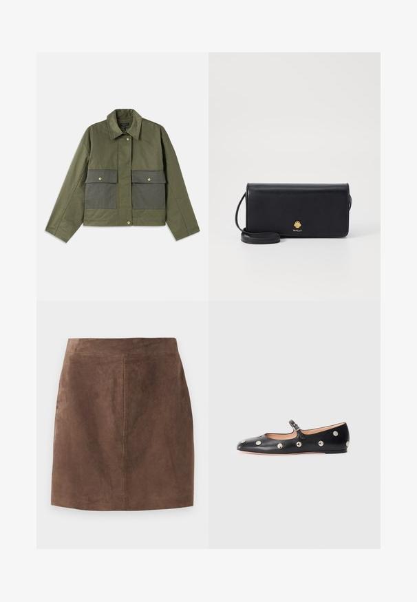 Giacca verde oliva in cotone con colletto, chiusura a bottoni e due grandi tasche frontali con patta.; Maglietta a maniche lunghe di colore beige chiaro con scollatura rotonda. Realizzata in tessuto morbido, presenta una cucitura centrale e un orlo leggermente curvato. Senza hardware visibile.; Gonna in suede marrone con una superficie liscia, forma a trapezio e vita semplice. Le cuciture decorative si estendono verticalmente sul retro.; Scarpa flat nera in pelle tipo Mary Jane con punta arrotondata, caratterizzata da borchie circolari argentate e una fascia regolabile con fibbia.; Portafoglio in pelle nera con una forma rettangolare slim, caratterizzato da un logo dorato. Include una tracolla staccabile per una maggiore comodità nel trasporto.