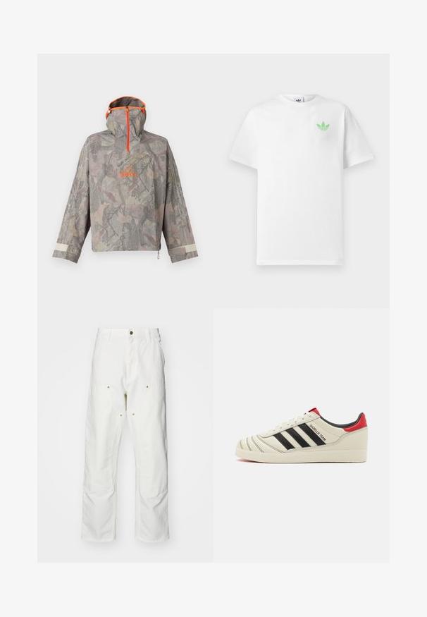 Jaqueta leve com capuz, em um padrão de camuflagem discreto de verdes e cinzas, apresentando um fecho iluminado em laranja e um logo, com um bolso frontal e punhos ajustáveis.; T-shirt de algodão branca com mangas curtas, apresentando um pequeno logótipo verde da Adidas no lado esquerdo do peito. Design simples e clássico com um decote redondo.; Calças cargo brancas em algodão com um corte descontraído. As características incluem bolsos frontais, detalhes em metal dourado e áreas de joelhos reforçadas.; Tênis de couro creme com riscas pretas, detalhes em vermelho no calcanhar e texturas. Possui sola de borracha e fecho com atacadores.