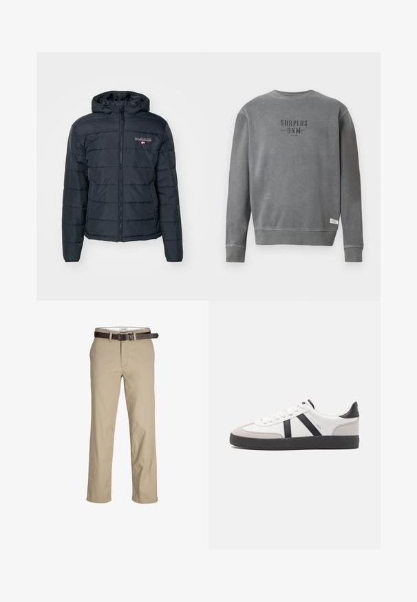 Doudoune gris foncé avec fermeture éclair sur le devant, capuche, poignets élastiques et un design matelassé. Détails du logo sur la zone de la poitrine gauche. Matériau léger.; Sweatshirt gris à manches longues avec un col rond, portant le texte "SURPLUS DNM" imprimé en noir sur la poitrine et une petite étiquette blanche près de l'ourlet.; Pantalons en cotonbeige à coupe droite, avec passants de ceinture, une ceinture en cuir marron et un design classique. Texture lisse et robuste.; Baskets blanches avec des accents noirs et gris, présentant un embout texturé gris, une semelle en caoutchouc noir et des lacets plats blancs. Design épuré, style minimaliste.