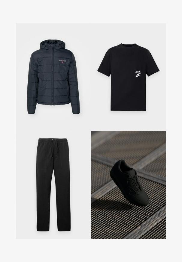 Jachetă puf gri închis cu fermoar frontal, glugă, manșoane elastice și un design matlasat. Detalii cu logo pe zona din stânga a pieptului. Material ușor.; Tricou din bumbac negru cu mâneci scurte, decolteu rotund, având inscripția albă "DOAR PENTRU UTILIZARE OFICIALĂ" și logo-ul Nike pe pieptul stâng.; Pantaloni de trening negri din fleece, cu talie elastică și șnururi, două buzunare frontale și un logo mic pe coapsă.; Tenis negri cu o textură netedă, vârf rotund, sistem de șireturi în față și branding subtil. Expus pe un fundal industrial, texturat.