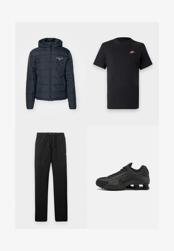 Dark gray puffer jacket with a zip front, hood, elastic cuffs, and a quilted design. Logo details on the left chest area. Lightweight material.; Black cotton t-shirt with a round neckline and short sleeves. Features a pink Nike logo on the upper left side. Smooth texture.; Black sweatpants made of fleece, featuring an elastic waistband with drawstrings, two front pockets, and a small logo on the thigh.; Black running shoes featuring a smooth synthetic upper, perforated accents, textured side panels, and a distinct springy sole.
