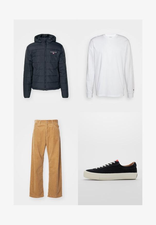 Dunkelgraue Steppjacke mit Reißverschluss vorne, Kapuze, elastischen Bündchen und gestepptem Design. Logodetails im linken Brustbereich. Leichtes Material.; Weißes Langarm-T-Shirt aus Baumwolle. Rundhals-Design mit gerippten Bündchen und kleinem Logo auf dem linken Ärmel. Glatte Textur.; Corduroy-Hosen mit weitem Bein in einer beige Farbe. Mit strukturierten, vertikalen Rillen, einem Standardbund und zwei vorderen Taschen ausgestattet.; Schwarze Stoffturnschuhe mit weißen Schnürsenkeln, beigem Gummisohle und rotem Akzent an der Ferse. Runde Zehenform und minimale Nähdetails.
