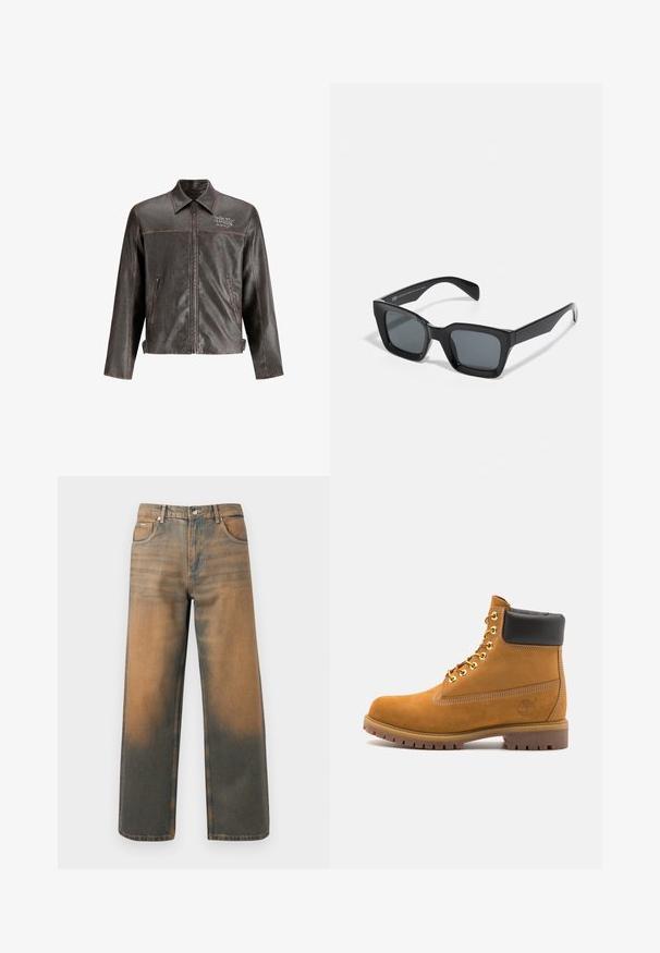 Brązowa skórzana kurtka z kołnierzem, z przodu na zamek błyskawiczny i dwoma bocznymi kieszeniami. Posiada kontrastowe przeszycia oraz haft "DON'T HARD" na klatce piersiowej.; Biała bluza z kapturem, z dużym nadrukiem w formie identyfikatora w kolorach niebieskim, żółtym i czarnym, z kieszenią z przodu i ściągaczem na kapturze.; Jeansy o szerokich nogawkach w przetartym niebieskim i brązowym denimp. Posiadają wysoki stan, przednie kieszenie oraz klasyczne zapięcie na guzik z metalowymi akcentami.; Beżowe zamszowe botki sięgające kostki z czarną wyściełaną krawędzią, złotymi oczkami, białymi detalami szycia oraz wytrzymałą gumową podeszwą z wyraźnym bieżnikiem.; Czarne prostokątne okulary przeciwsłoneczne z ciemnymi soczewkami. Plastikowa oprawka o błyszczącym wykończeniu, z szerokim mostkiem i lekko zwężającymi się ramionami.