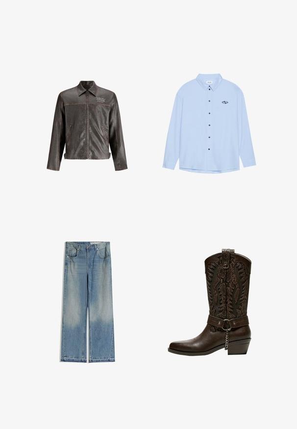 Giacca di pelle marrone con colletto, zip frontale e due tasche laterali. Presenta cuciture a contrasto e ricamo "DON'T HARD" sul petto.; Camicia button-up azzurro chiaro realizzata in tessuto morbido. Presenta un colletto, maniche lunghe, bottoni neri e un piccolo logo nero sul lato sinistro del petto.; Jeans in denim azzurro chiaro a gamba larga con un lavaggio sbiadito, dotati di due tasche frontali, chiusura con bottone e taglio dritto con orli puliti.; Bershka Stivali texani / biker - brown